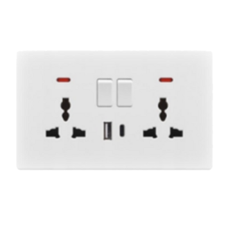 13A 2 gang switched MF socket, 1 USB + 1 type C, neon 13A